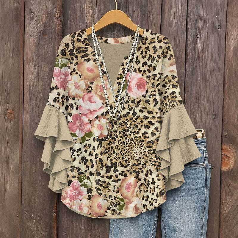 Vintage Leopard Print Rose Blossom Print V-neck Half Sleeve Blouse - Apricot - 5XL - image 1