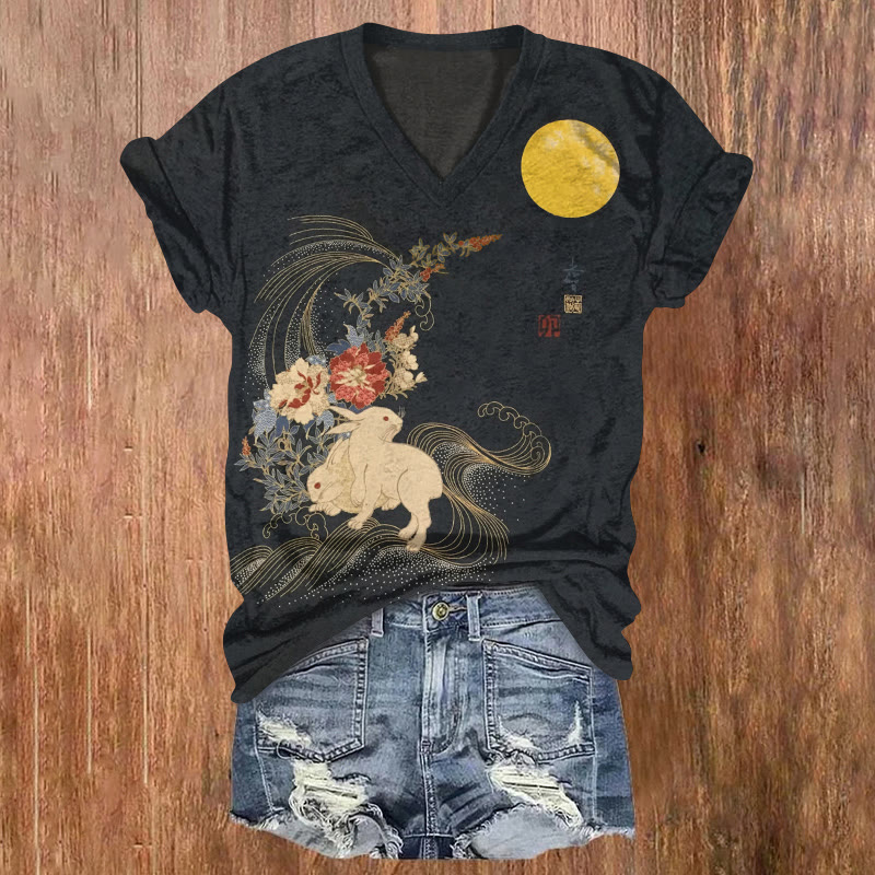 Retro Japanese Easter Bunny Moon Pattern Print Short Sleeved V-neck T-shirt - Black - US32-34(5XL) - image 1