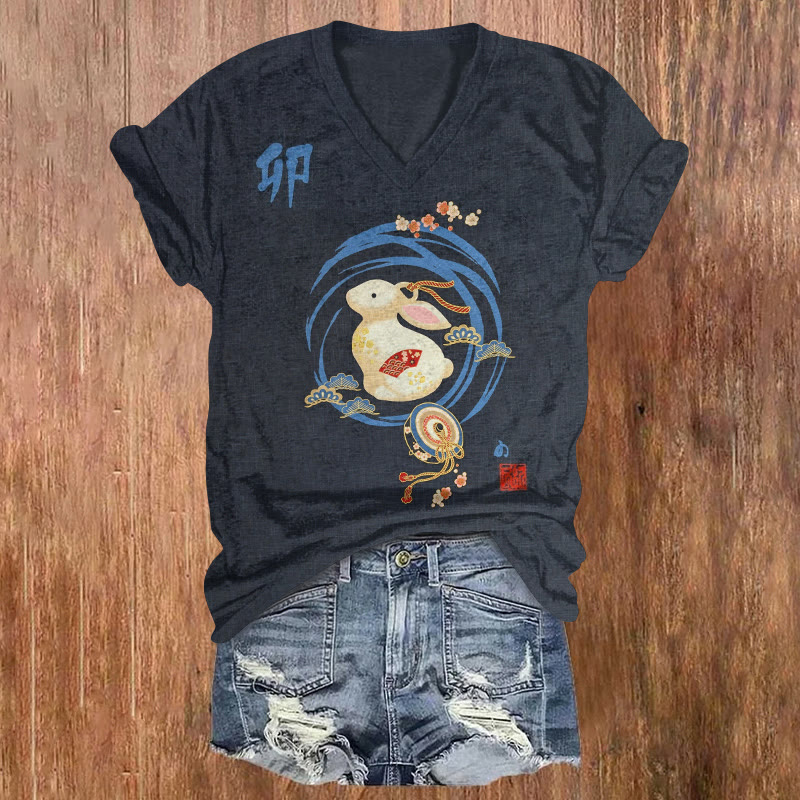 Retro Japanese Bunny Easter Vibe Pattern Print Short Sleeved V-neck T-shirt - Black - US32-34(5XL) - image 1