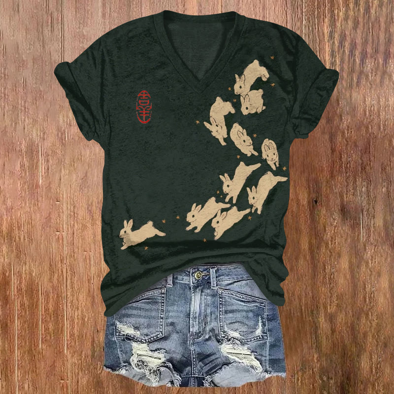 Retro Japanese Easter Running Bunnies Pattern Print Short Sleeved V-neck T-shirt - Black - US32-34(5XL) - image 1