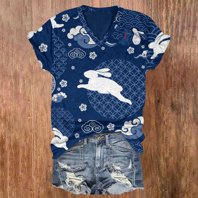Retro Japanese Easter Sakura Bunny Pattern Print Short Sleeved V-neck T-shirt - Blue - US32-34(5XL) - image 1