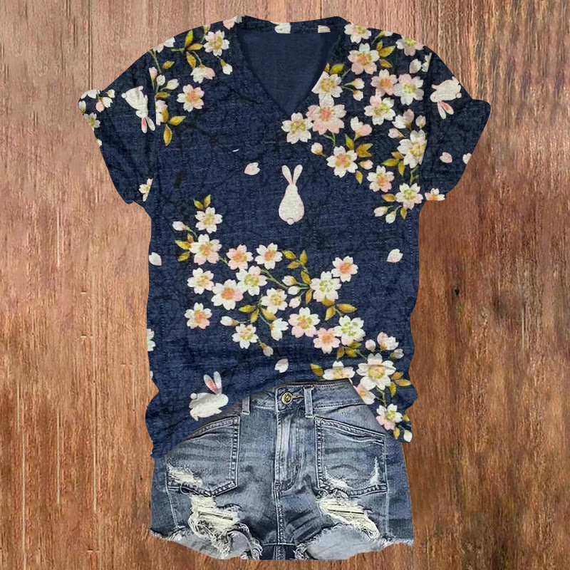 Retro Japanese Easter Cherry Blossom And White Rabbit Pattern Print Short Sleeved V-neck T-shirt - Blue - US32-34(5XL) - image 1