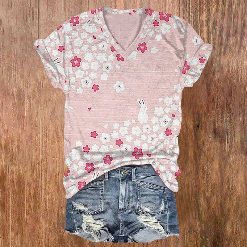 Retro Japanese Cherry Blossom Bunny Easter Pattern Print Short Sleeved V-neck T-shirt - Pink - US32-34(5XL) - image 1