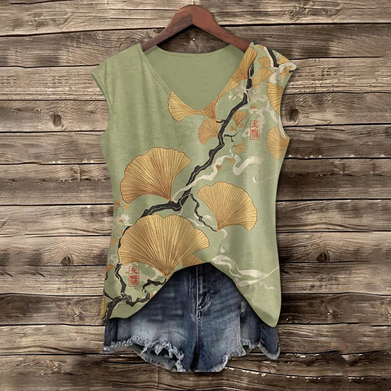 Japanese Vintage Ginkgo Leaves Art Pattern Print V-neck Tank Top - Light Green - 5XL - image 1