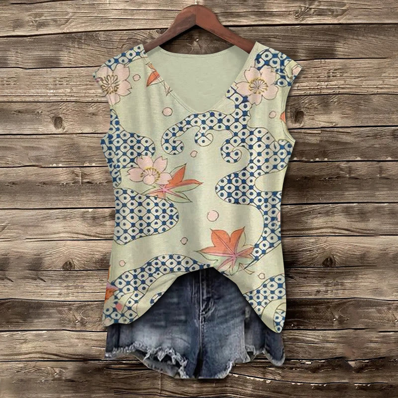 Japanese Retro Cherry Blossom Maple Leaf Water Flow Art Pattern Print V-neck Tank Top - Light Green - 5XL - image 1