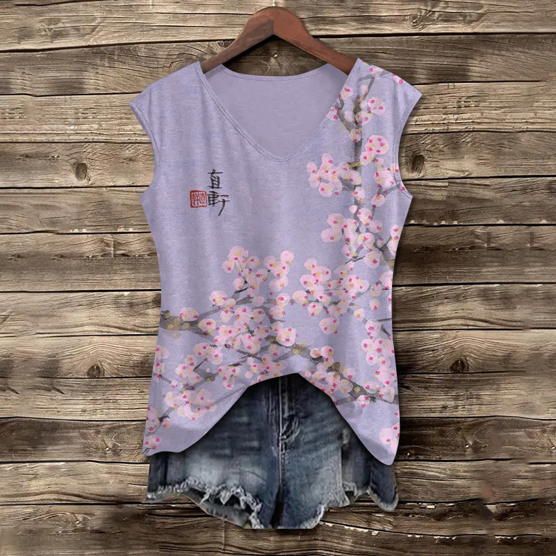 Japanese Retro Sakura Abstract Art Pattern Print V-neck Tank Top - Purple - 5XL - image 1