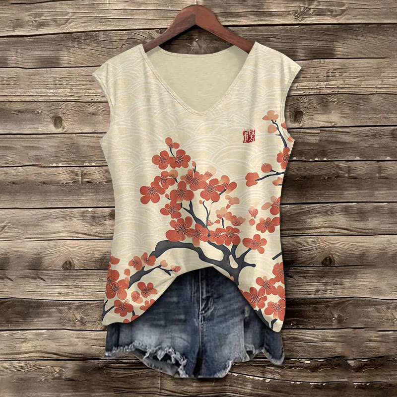 Japanese Red Cherry Blossom Water Ripple Art Pattern Print V-neck Tank Top - Apricot - 5XL - image 1