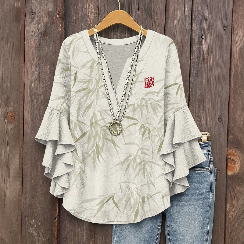 Vintage Zen Bamboo Leaves Art Pattern Print V-neck Half Sleeve Blouse - Light Green - 5XL - image 1