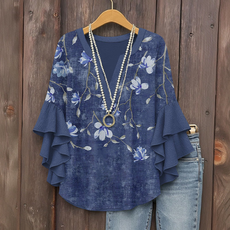 Vintage Zen Magnolia Art Pattern Print V-neck Half Sleeve Blouse - Dark Blue - 5XL - image 1