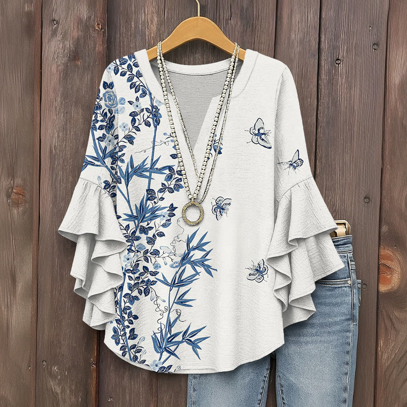 Vintage Elegant Bamboo Leaf Butterfly Art Pattern Print V-neck Half Sleeve Blouse - Blue - 5XL - image 1