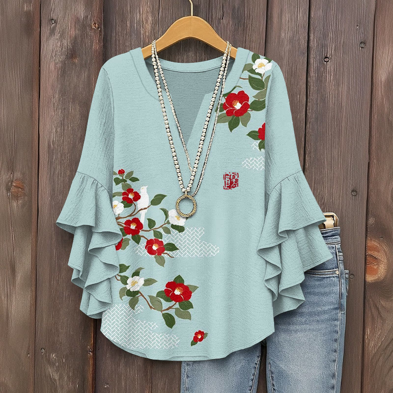 Vintage Japanese Elegant Camellia Art Pattern Print V-neck Half Sleeve Blouse - Light Green - 5XL - image 1