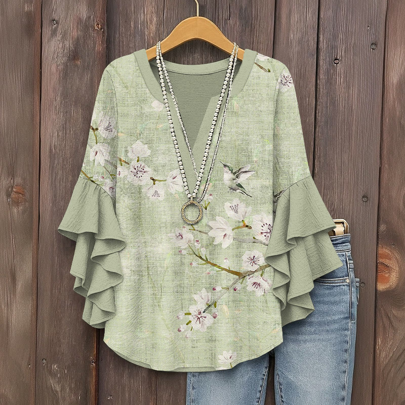 Vintage Japanese cherry blossoms and birds Art Pattern Print V-Neck Half Sleeve Blouse - Light Green - 5XL - image 2