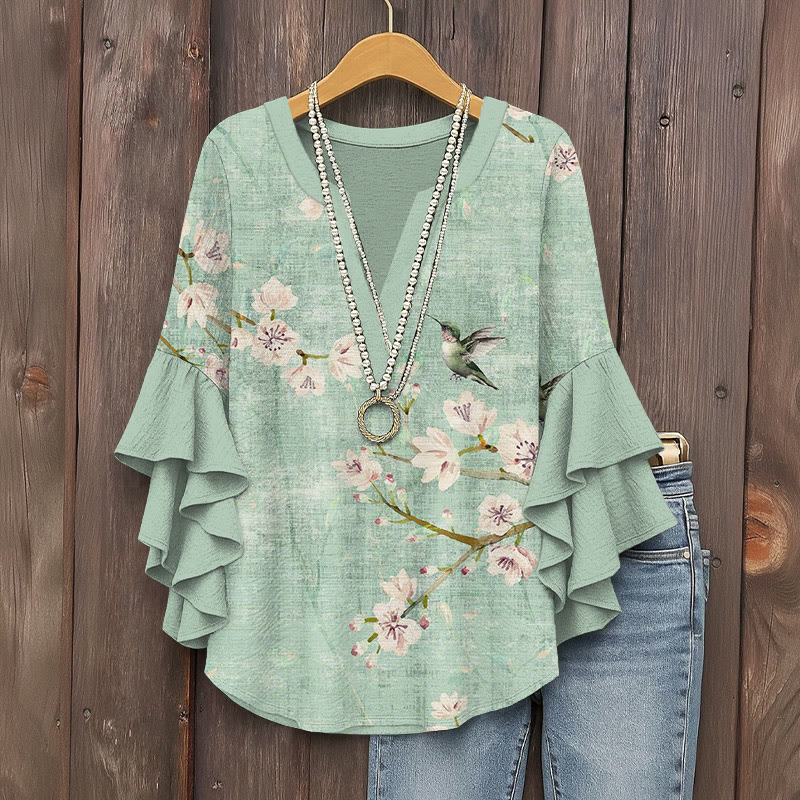 Vintage Japanese cherry blossoms and birds Art Pattern Print V-Neck Half Sleeve Blouse - Light Blue - 5XL - image 1