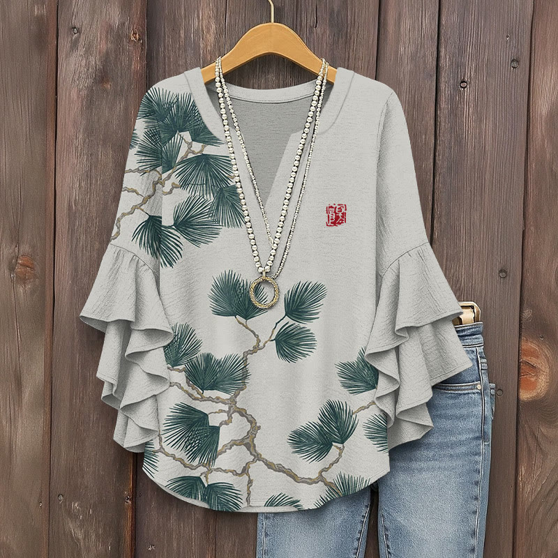 Japanese Vintage Pine Tree Art Pattern Print V-neck Half Sleeve Blouse - Light Gray - 5XL - image 2
