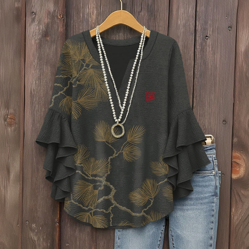 Japanese Vintage Pine Tree Art Pattern Print V-neck Half Sleeve Blouse - Black - 5XL - image 1