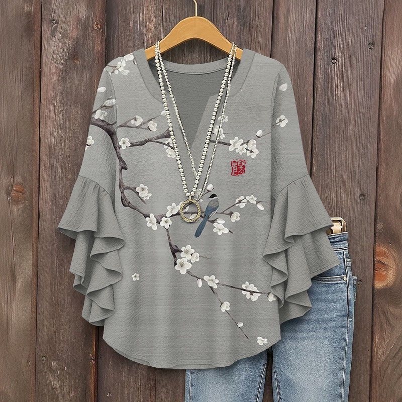 Japanese Vintage White Cherry Blossoms And Bird Art Pattern Print V-neck Half Sleeve Blouse - Grey - 5XL - image 1