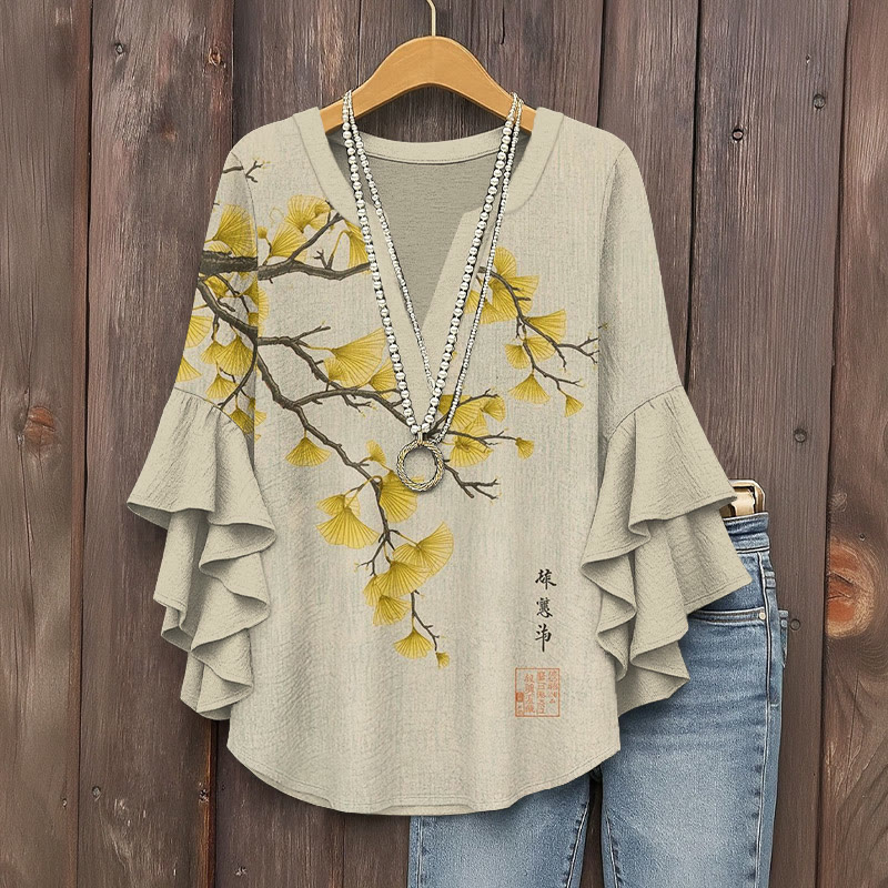 Vintage Ginkgo Leaves Art Pattern Print V-neck Half Sleeve Blouse - Warm Grey - 5XL - image 1