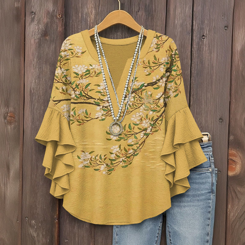 Japanese Vintage Classical Cherry Tree Art Pattern Print V-neck Half Sleeve Blouse - Yellow - 5XL - image 1