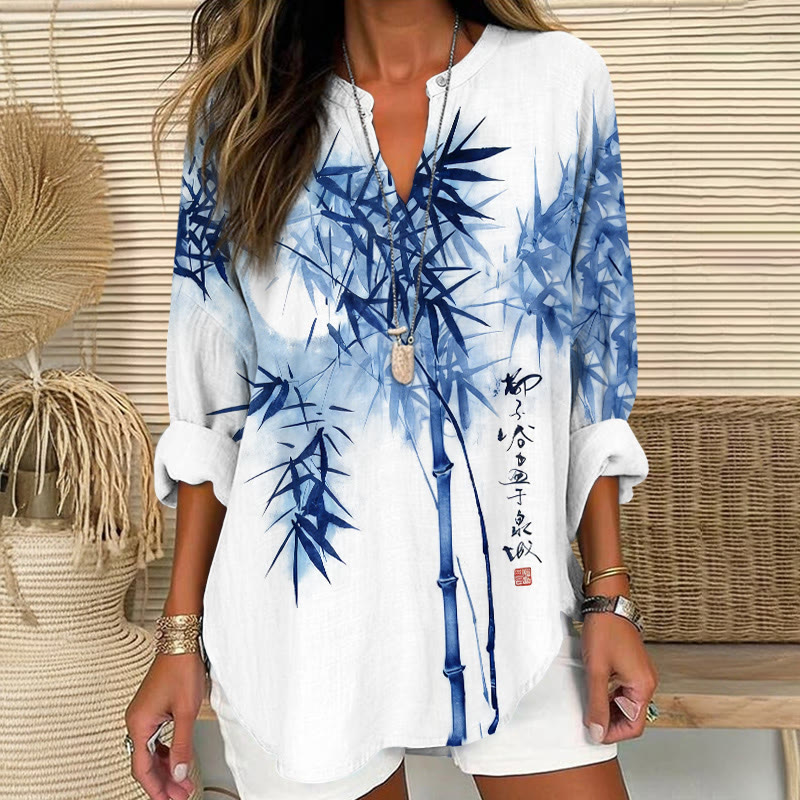 Vintage Ink Painting Of Bamboo Forest Art Pattern Print V Neck Long Sleeve Blouse - Blue - 8XL - image 1