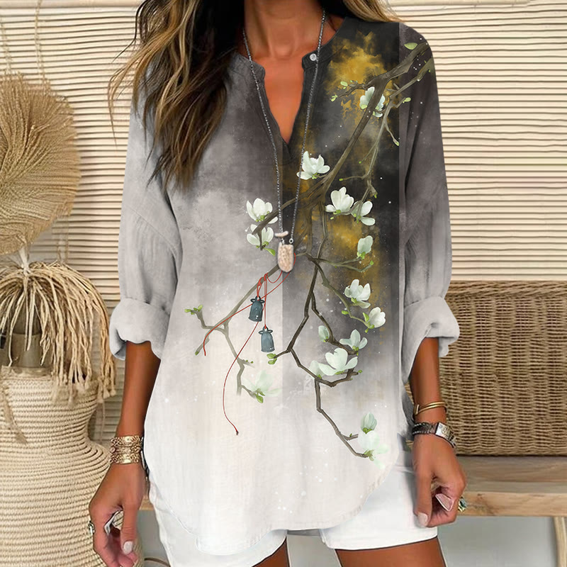 Watercolor Magnolia Pattern Art Print V Neck Long Sleeve Blouse - Grey - 8XL - image 1