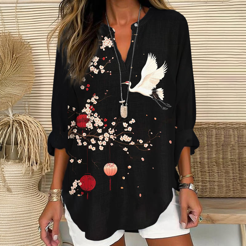 Japanese White Crane & Sakura Art Print V Neck Long Sleeve Blouse - Black - 8XL - image 1