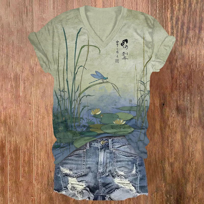 Japanese Retro Lotus Pond Print Short Sleeved V-neck T-shirt - Green - US32-34(5XL) - image 1