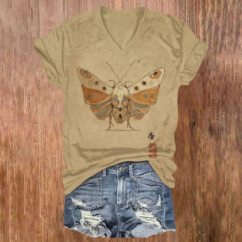 Japanese Retro Moth Pattern Print Short Sleeved V-neck T-shirt - Khaki - US32-34(5XL) - image 1