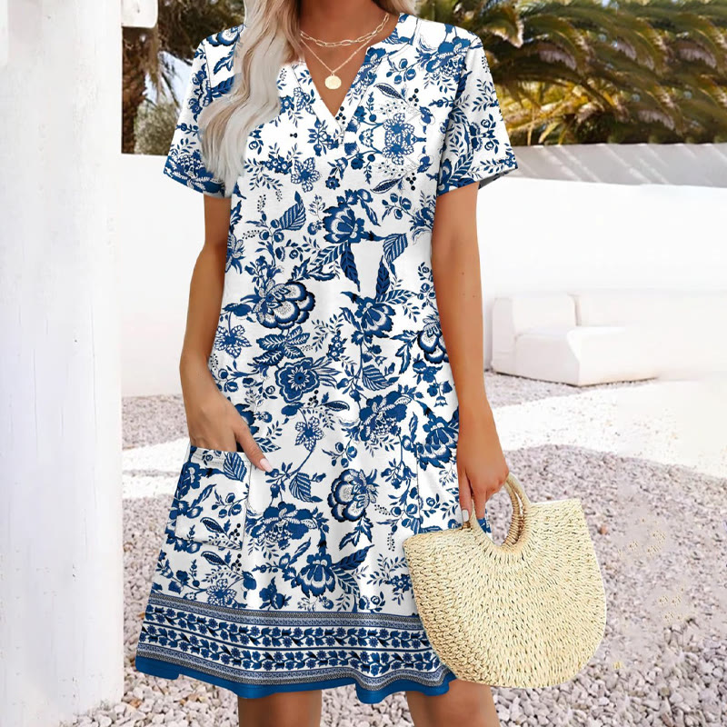 Beach Vacation Blue And White Floral Print V-neck Short-sleeved Dress - Blue - 3XL - image 1
