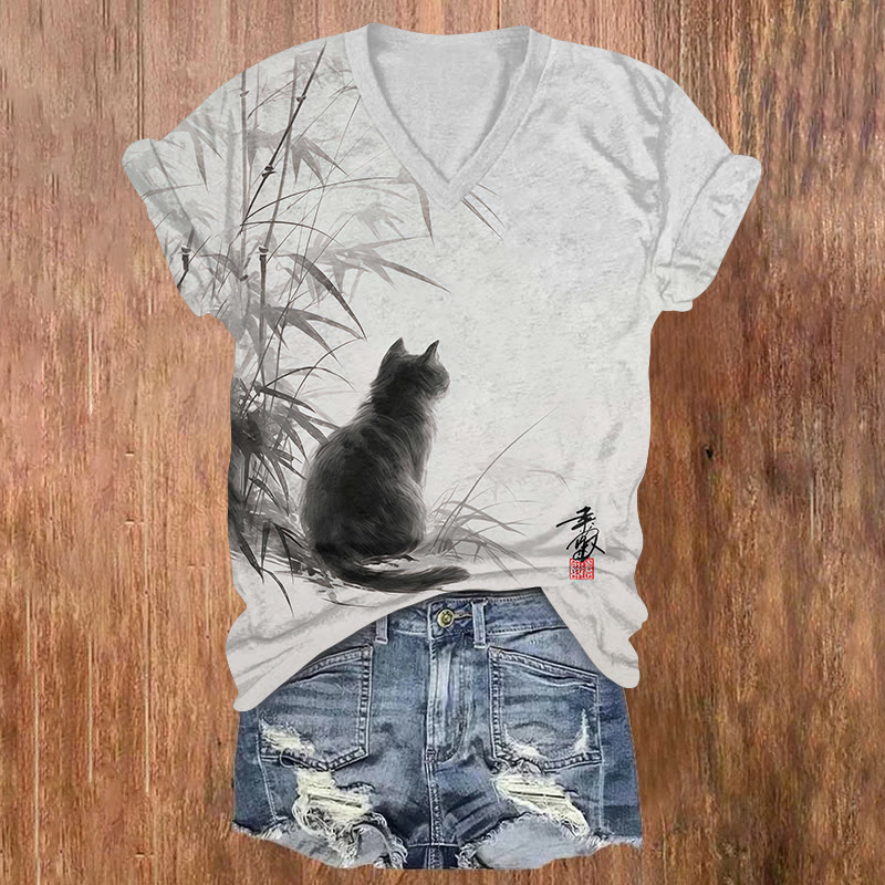 Ink Watercolor Bamboo & Cat's Back Print Short Sleeved V-neck T-shirt - Light Gray - US32-34(5XL) - image 1