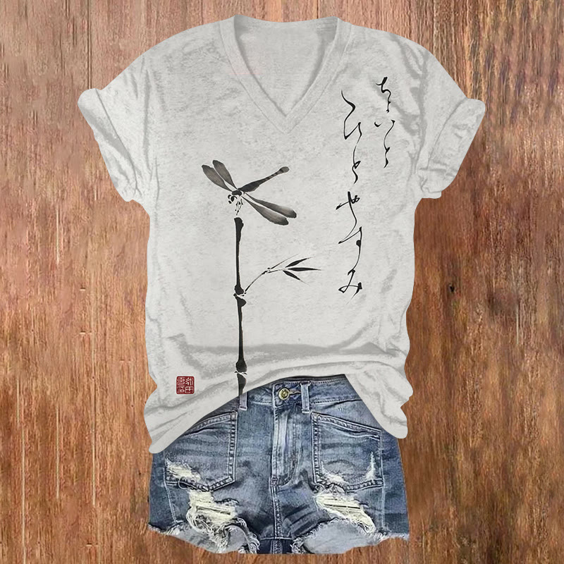 Ink Watercolor Dragonfly Print Short Sleeved V-neck T-shirt - Light Gray - US32-34(5XL) - image 1