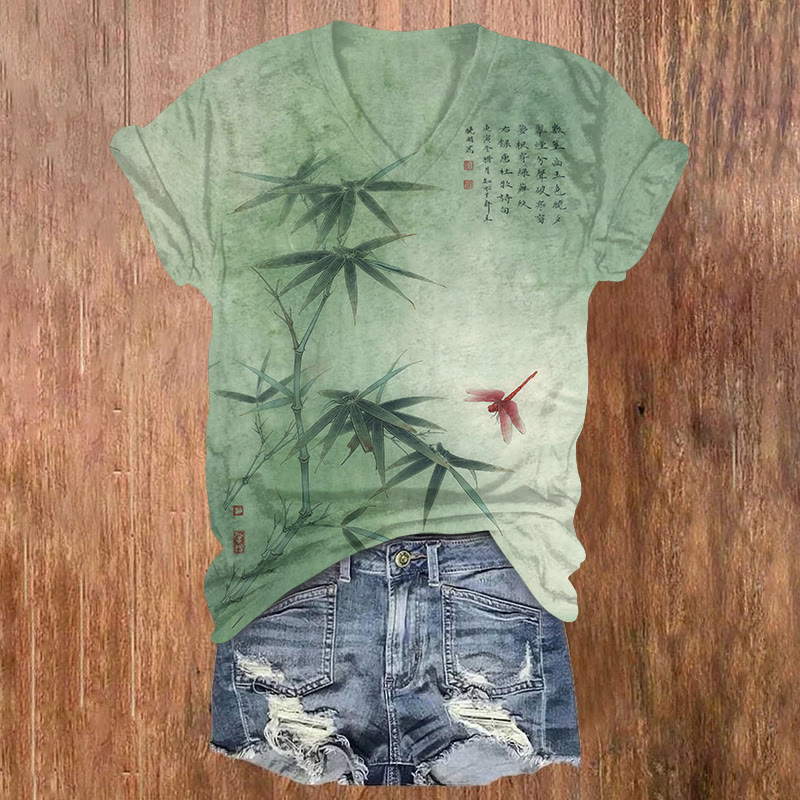 Japanese Retro Bamboo Pattern Print Short Sleeved V-neck T-shirt - Green - US32-34(5XL) - image 1