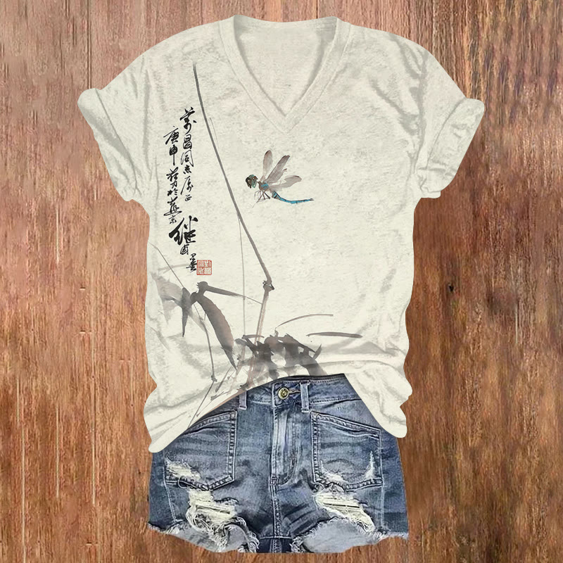 Vintage Dragonfly Art Print Short Sleeved V-neck T-shirt - Beige - US32-34(5XL) - image 1