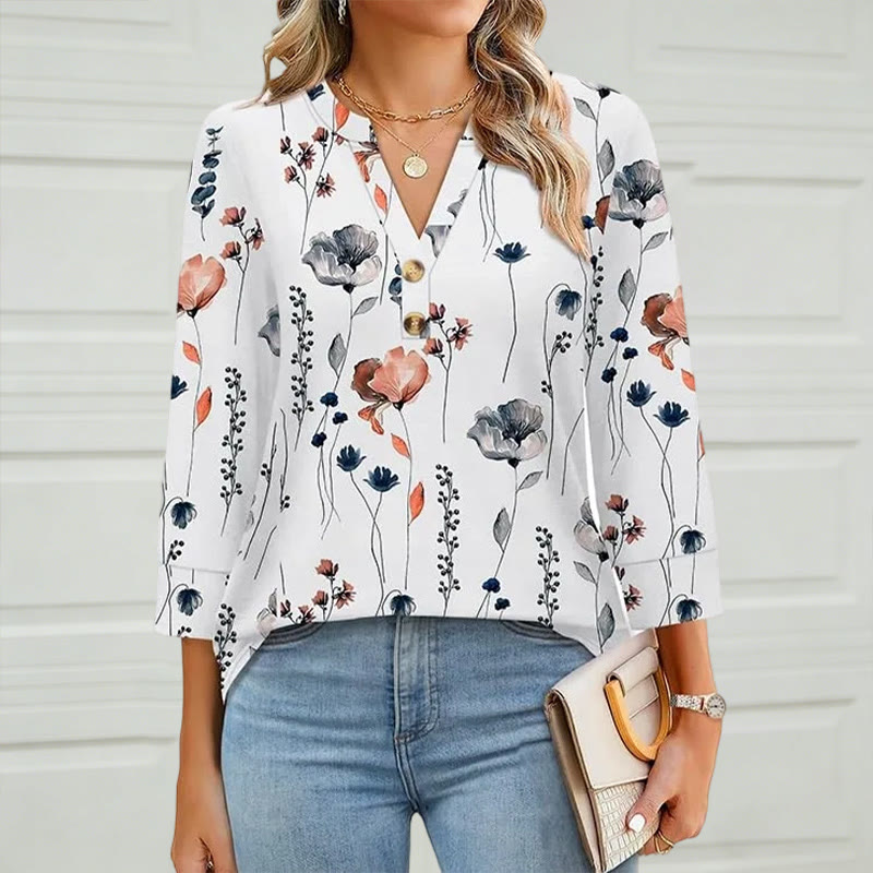 Elegant Watercolor Floral Print Button V-neck Mid Sleeve T-shirt - image 2