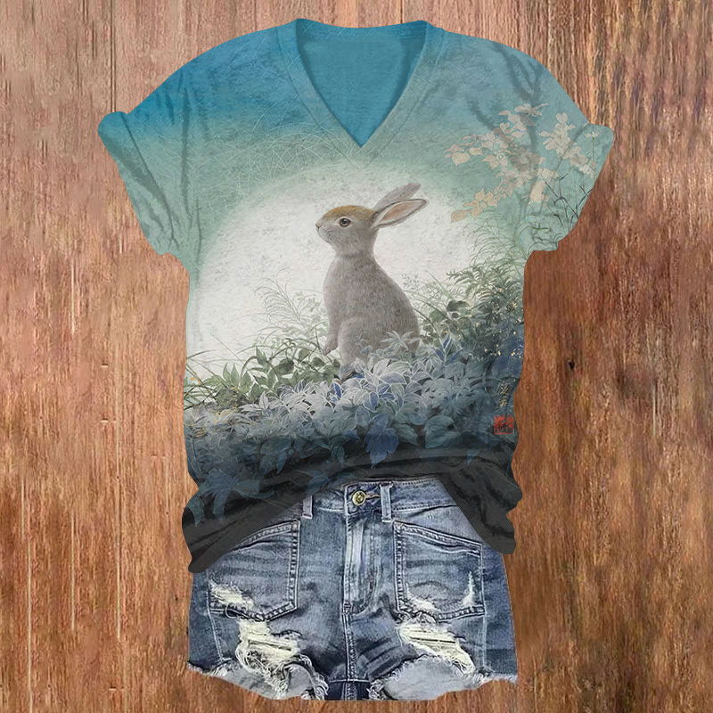 Lovely Rabbit In The Flowers Print Short Sleeved V-neck T-shirt - Blue - US32-34(5XL) - image 1