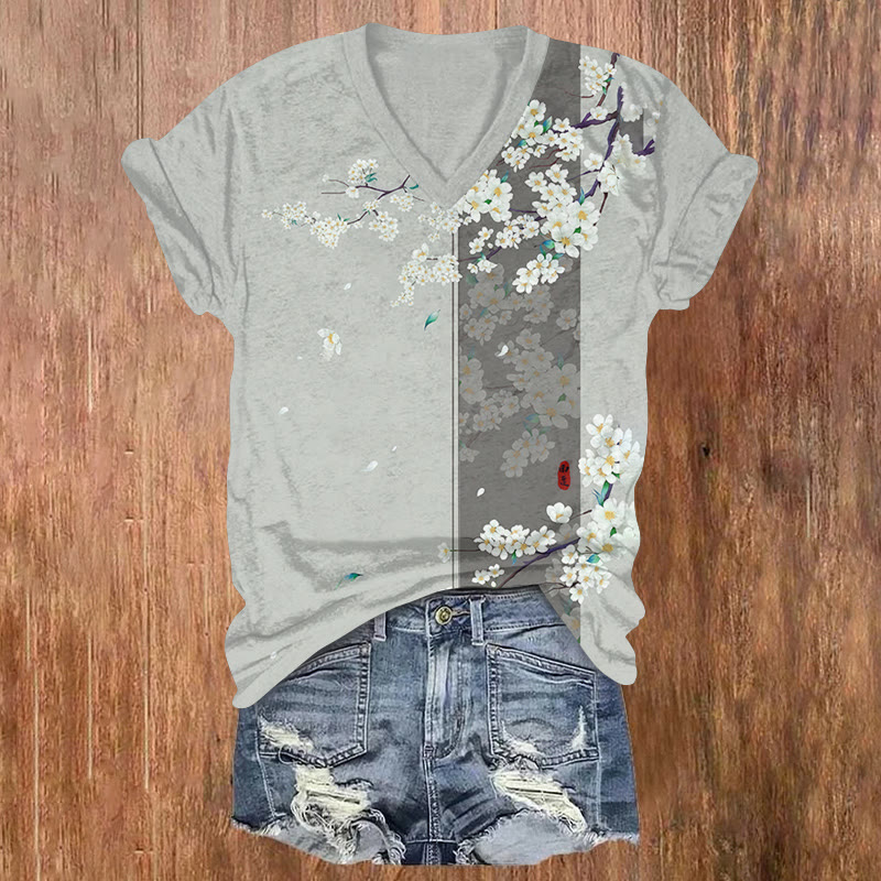 Japanese Vintage White Sakura Art Print Short Sleeved V-neck T-shirt - Grey - US32-34(5XL) - image 1