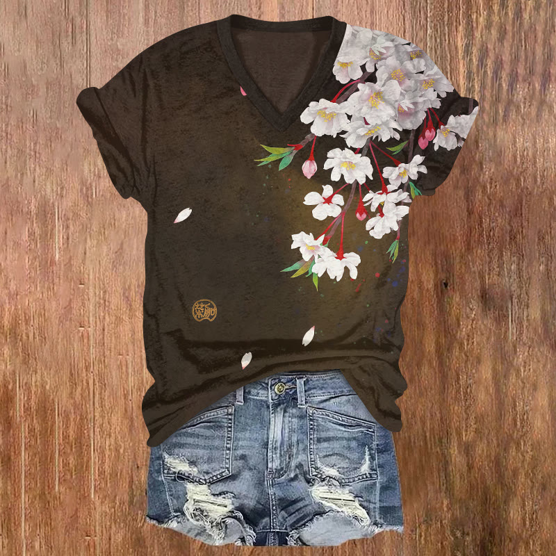 Retro Cherry Blossom Art Print Short Sleeved V-neck T-shirt - Brown - US32-34(5XL) - image 1