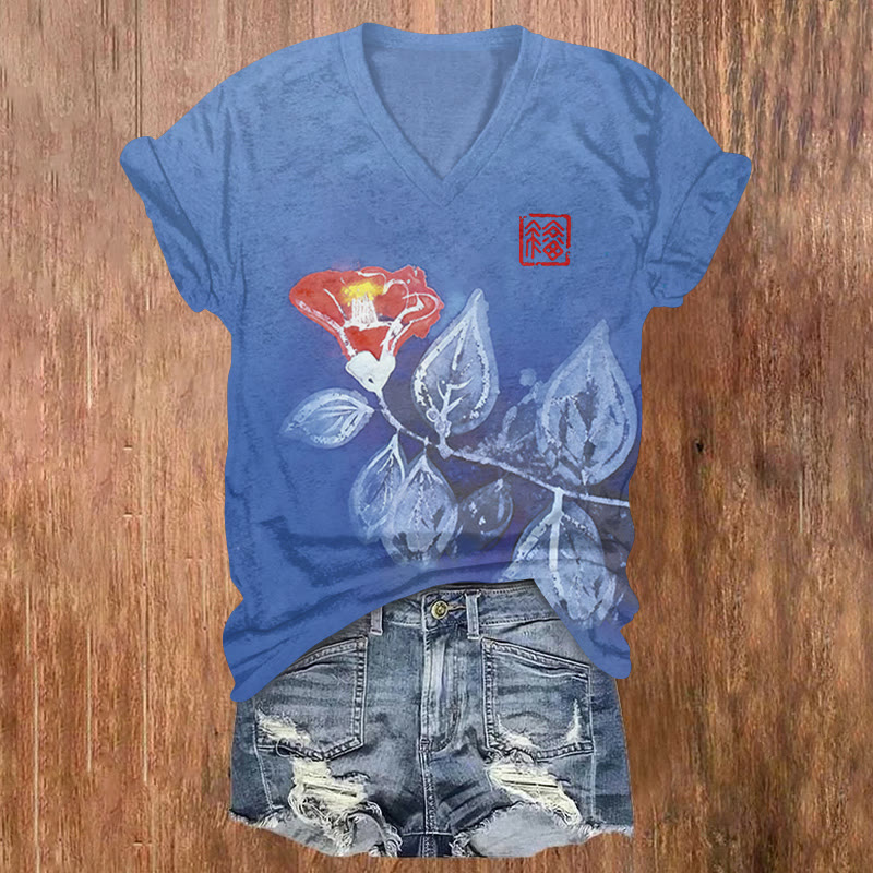Japanese Creative Red Morning Glory Print Short Sleeved V-neck T-shirt - Blue - US32-34(5XL) - image 1