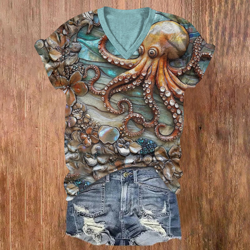 Ocean Octopus And Shell Art Pattern Print Short Sleeved V-neck T-shirt - Light Green - US32-34(5XL) - image 1