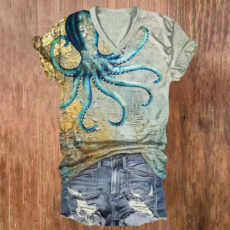 Ocean Metal Octopus Oil Painting Art Pattern Print Short Sleeved V-neck T-shirt - Light Green - US32-34(5XL) - image 1