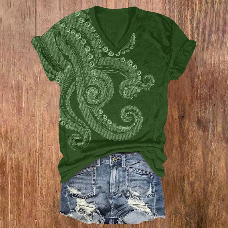 Ocean Octopus Tentacle Art Pattern Print Short Sleeved V-neck T-shirt - Green - US32-34(5XL) - image 3