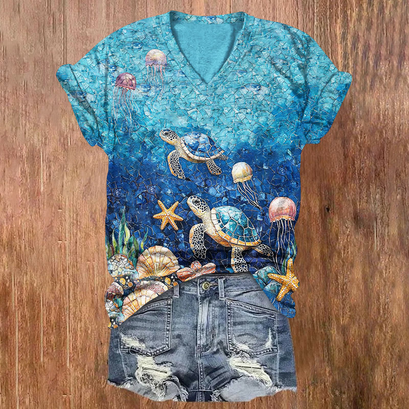 Ocean Sea Turtle And Jellyfish Mosaic Art Pattern Print Short Sleeved V-neck T-shirt - Blue - US32-34(5XL) - image 1