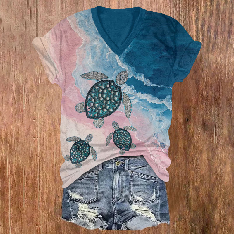 Beach Turtles Return To The Sea Pattern Print Short Sleeved V-neck T-shirt - Pink - US32-34(5XL) - image 1