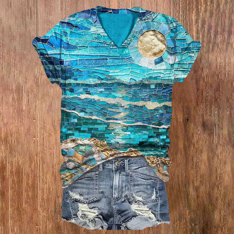 Mosaic Beach Time Pattern Print Short Sleeved V-neck T-shirt - Blue - US32-34(5XL) - image 1