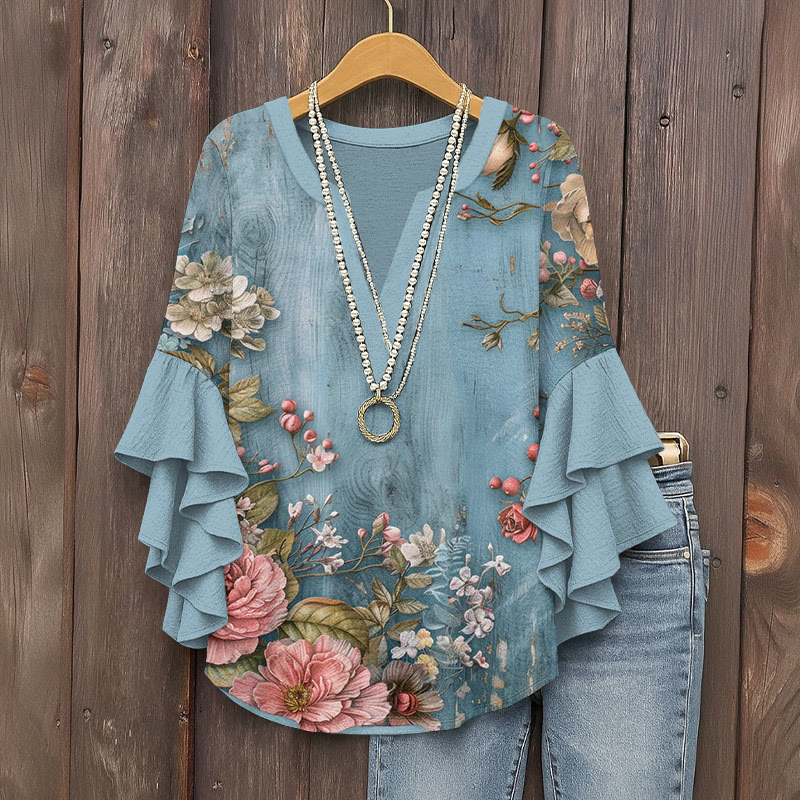 Retro Elegant Floral Art Pattern Print V-neck Half Sleeve Blouse - Blue - 5XL - image 1
