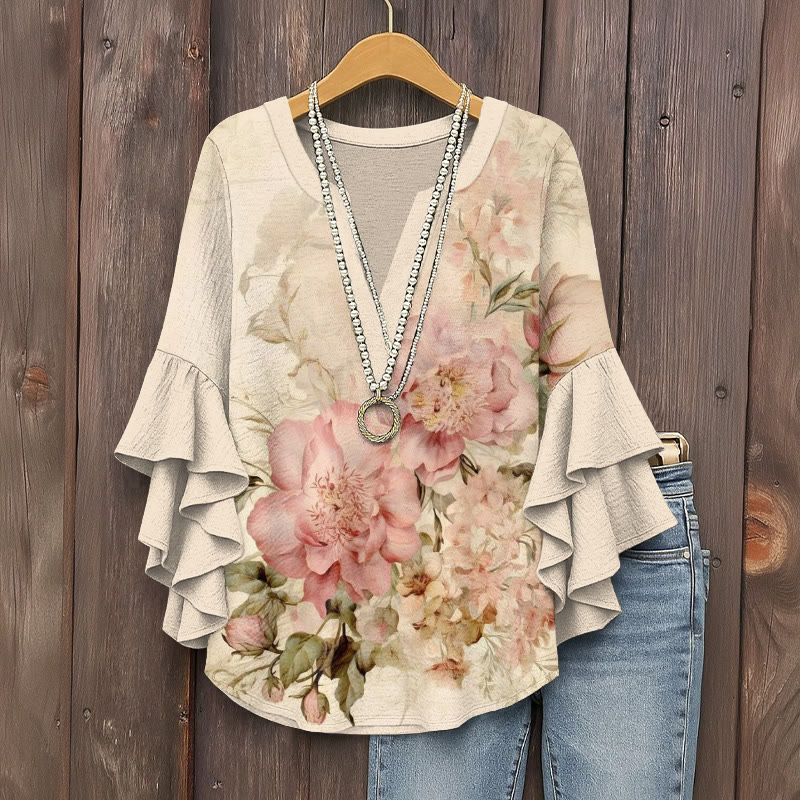 Vintage Elegant Watercolor Flowers Pattern Print V-neck Half Sleeve Blouse - Apricot - 5XL - image 1