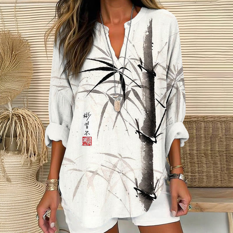 Oriental Ink Bamboo Pattern Print V Neck Long Sleeve Blouse - White - 8XL - image 1