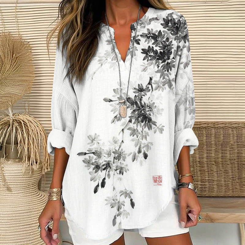 Retro Ink Painting Floral Pattern Print V Neck Long Sleeve Blouse - White - 8XL - image 1