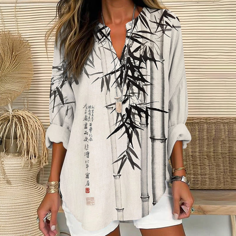Retro Ink Painting Tranquil Bamboo Pattern Print V Neck Long Sleeve Blouse - Apricot - 8XL - image 1