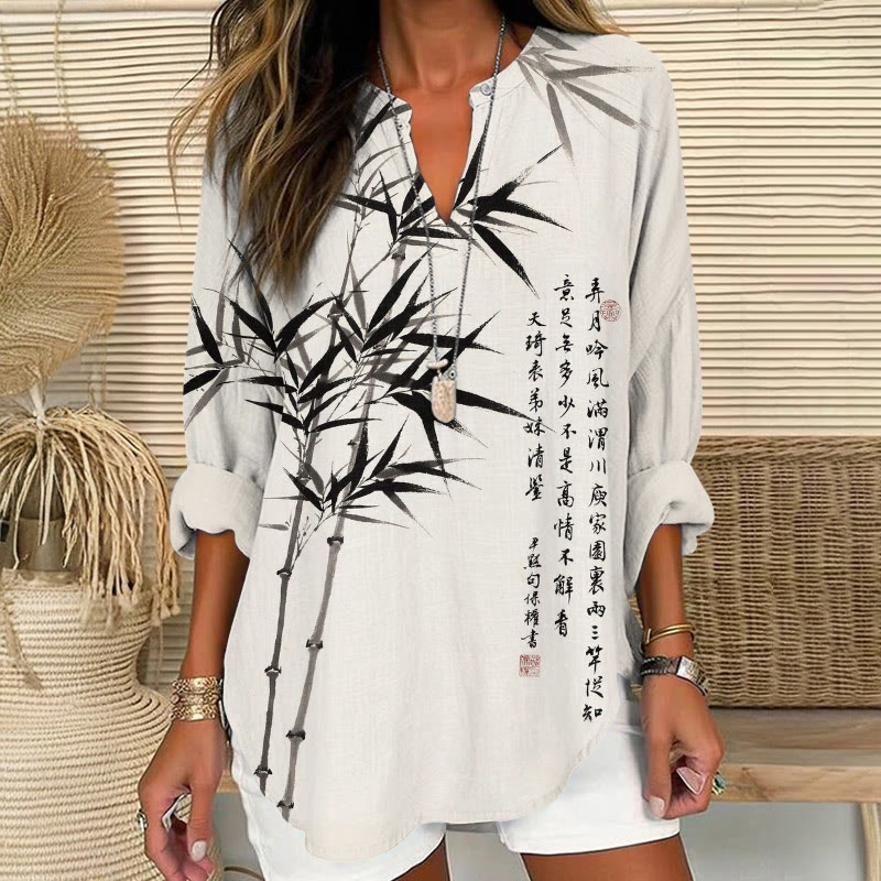 Retro Bamboo And Ink Painting Pattern Print V Neck Long Sleeve Blouse - Apricot - 8XL - image 1