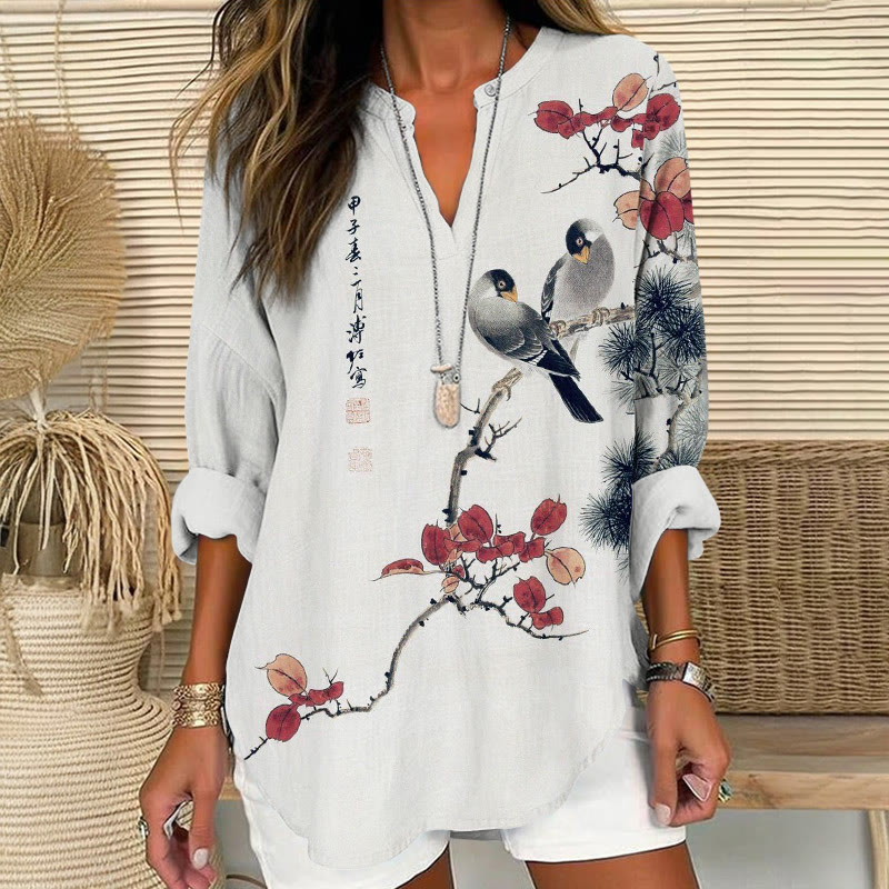 Vintage Red Leaves And Birds Pattern Print V Neck Long Sleeve Blouse - Light Gray - 8XL - image 1